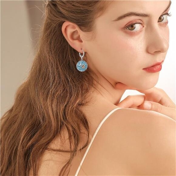 Vintage Sun & Moon Huggie Hoop Earrings | Boho Celestial Coin Dangle Jewelry - Picture 4 of 4